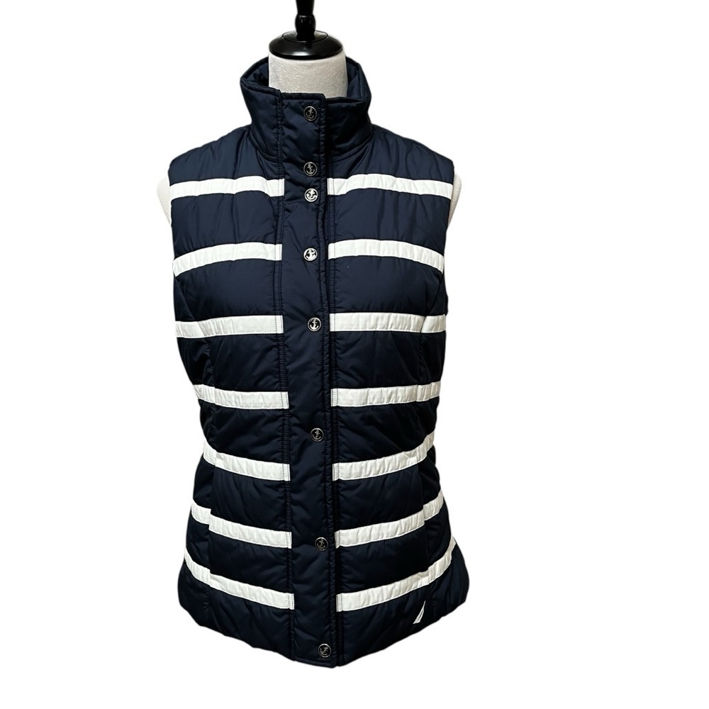 Nautica Medium Women’s Puffer Vest Navy Blue and White Striped Anchor Buttons